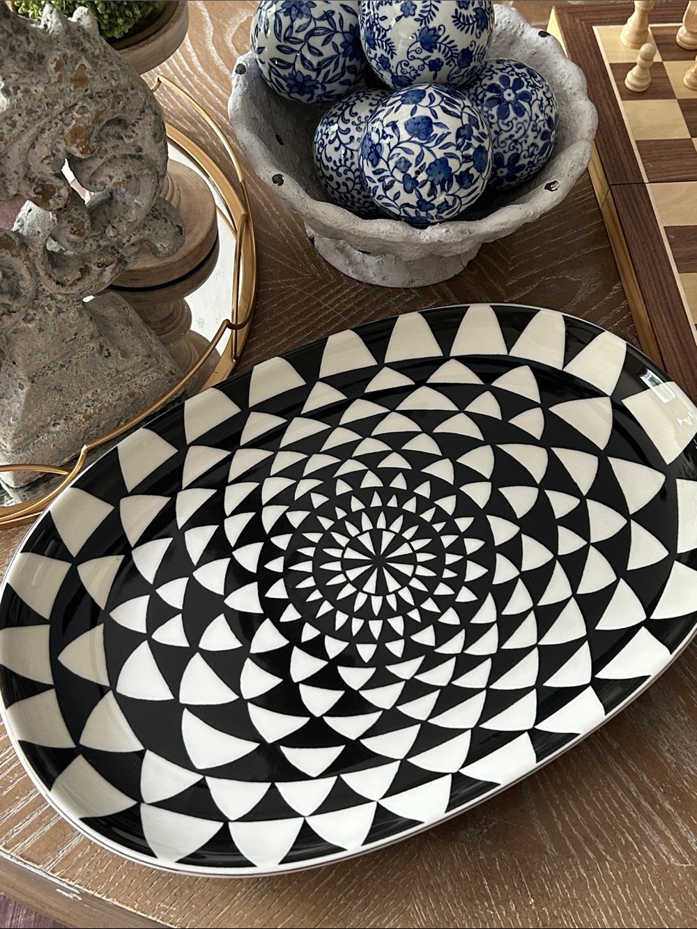NEW! LARGE Vintage Inspired Black & White Geometric Ceramic Serving Platter